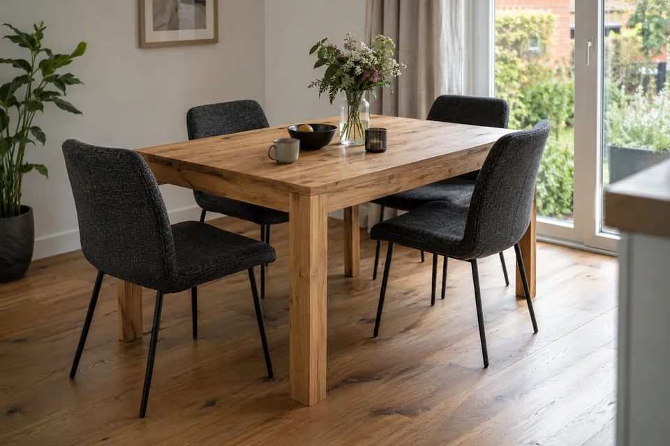 Gepolsterte Esszimmerstühle an einem einfachen Holztisch