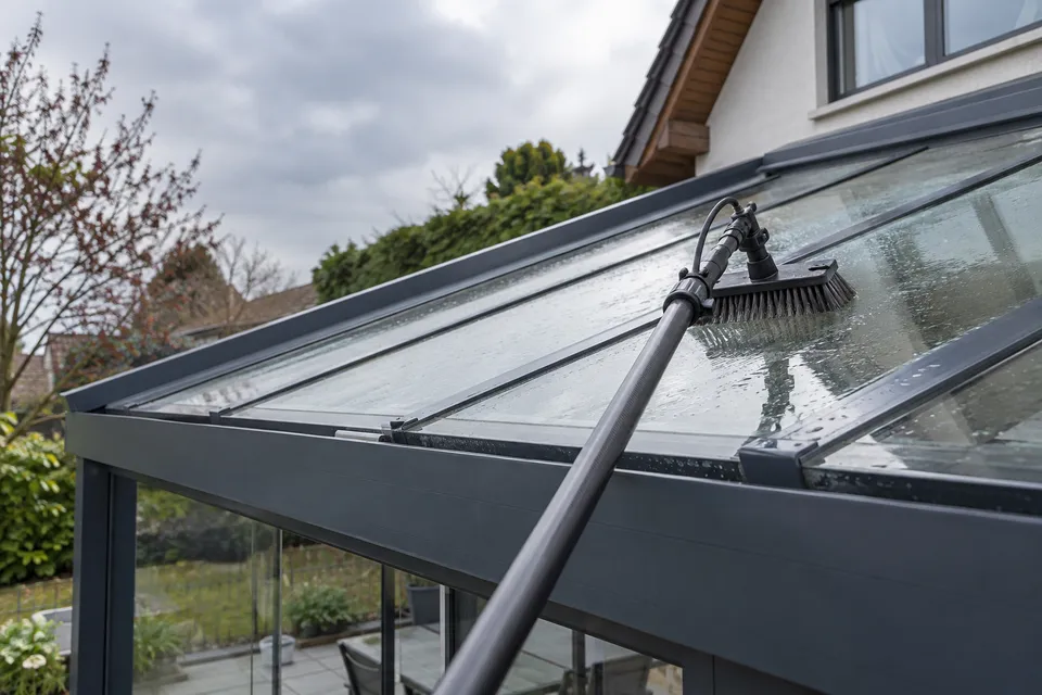 Teleskopstange mit Bürste an einem Glasdach, vom Boden aus eingesetzt
